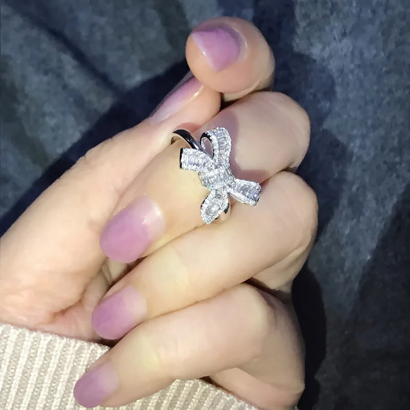 New 925 Sterling Silver Ring Bow Simulation Diamond For Woman Engagement Wedding Luxury Jewelry Gift