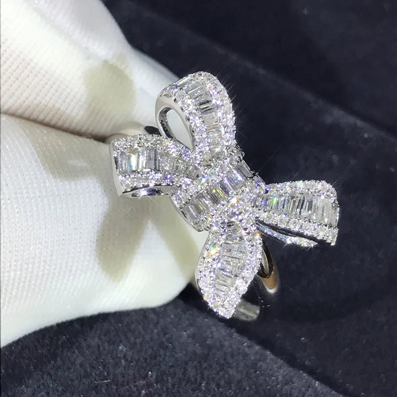 New 925 Sterling Silver Ring Bow Simulation Diamond For Woman Engagement Wedding Luxury Jewelry Gift