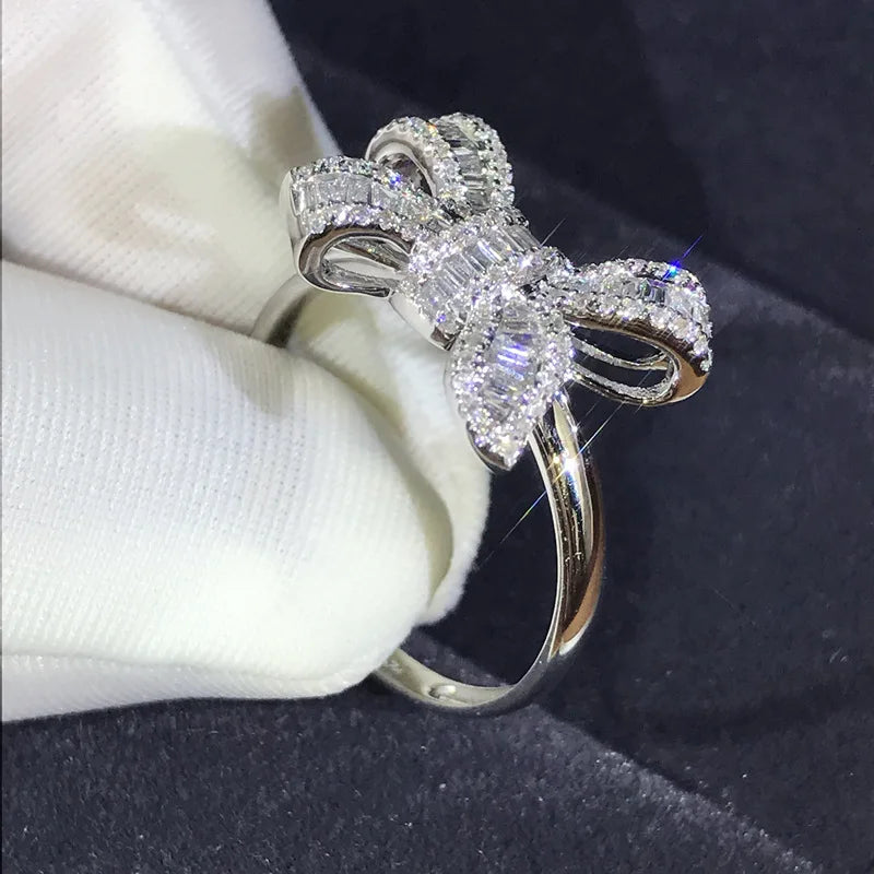 New 925 Sterling Silver Ring Bow Simulation Diamond For Woman Engagement Wedding Luxury Jewelry Gift