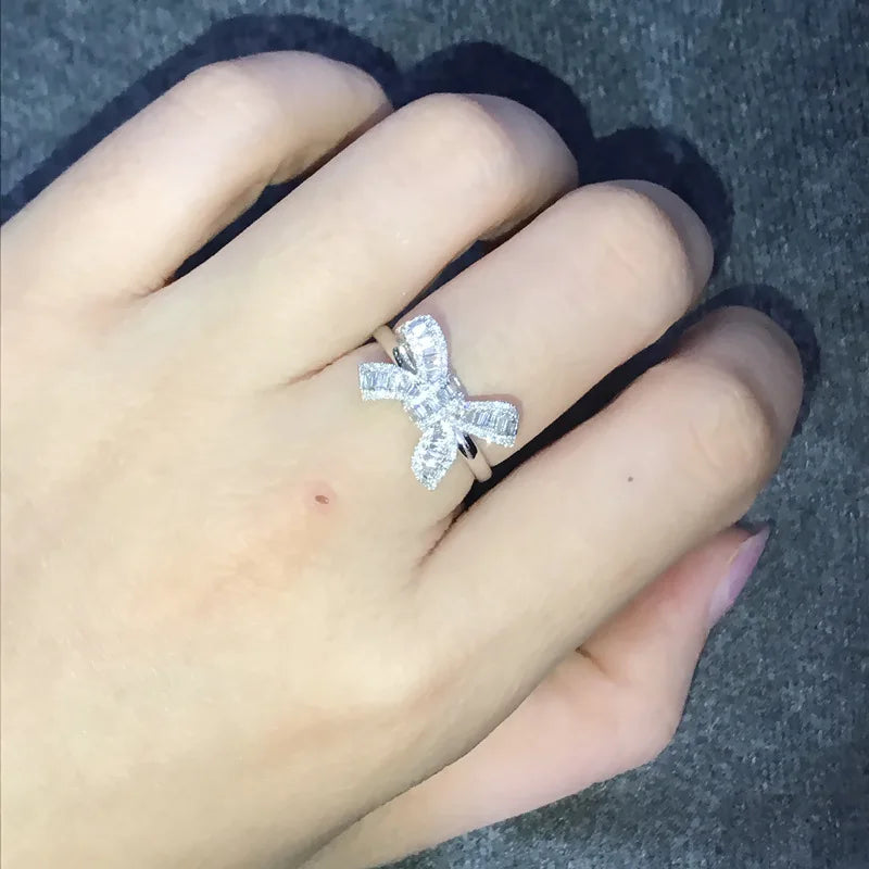 New 925 Sterling Silver Ring Bow Simulation Diamond For Woman Engagement Wedding Luxury Jewelry Gift