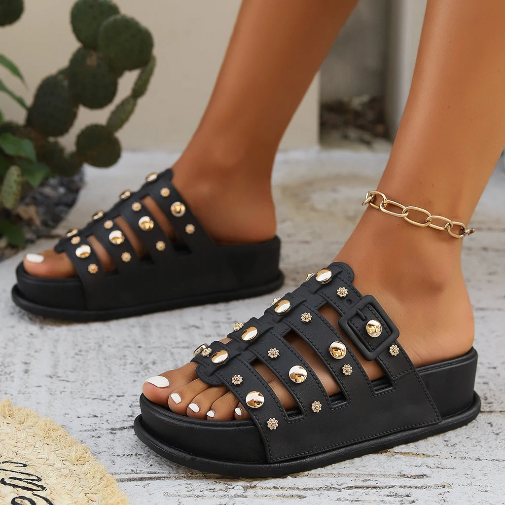 Summer Casual Sandals for Women, Leather Studded Flat Mid-Heel Roman Sandals, Open-Toe Design with Cross Straps, Slip-On Style, Mother's Day Gift