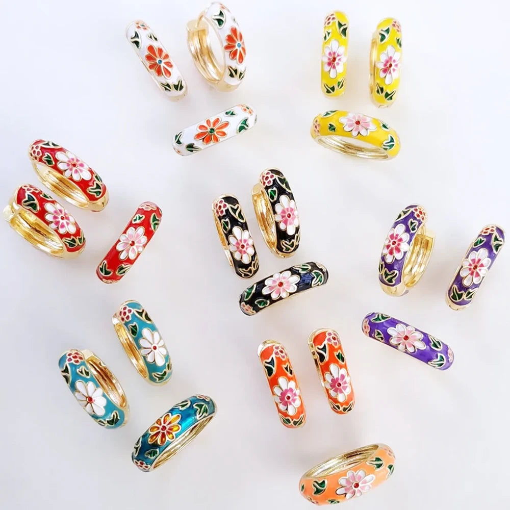 Boho Multicolor Enamel Flower Hoop Earrings for Women Vintage Drop Oil Gold Color Circle Round Earrings Statement Jewelry Gifts