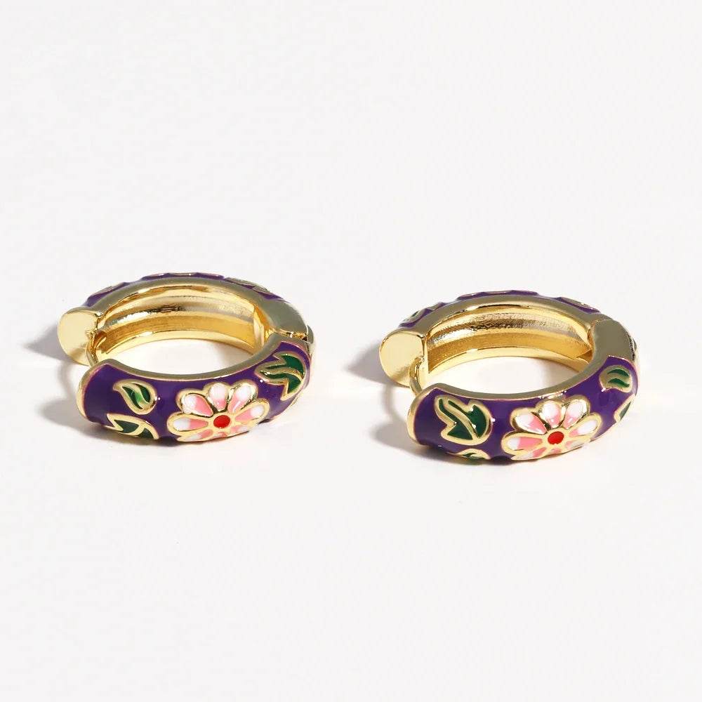 Boho Multicolor Enamel Flower Hoop Earrings for Women Vintage Drop Oil Gold Color Circle Round Earrings Statement Jewelry Gifts