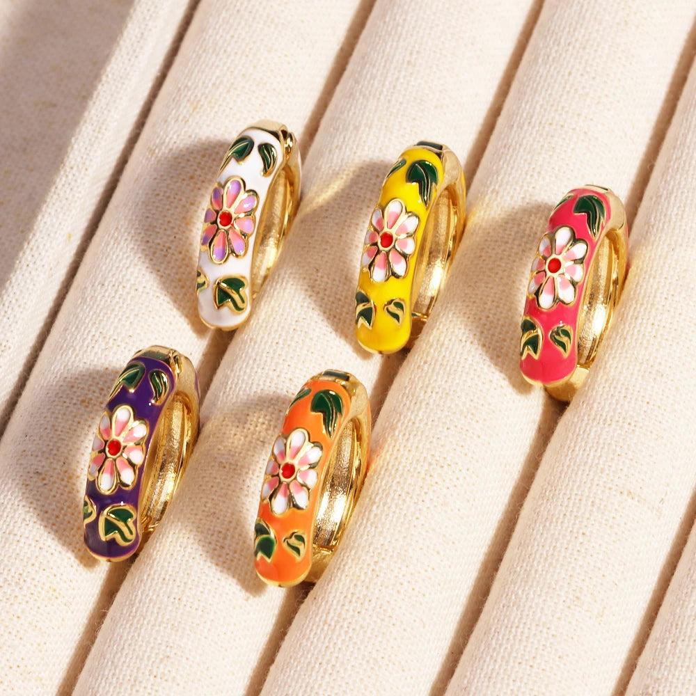 Boho Multicolor Enamel Flower Hoop Earrings for Women Vintage Drop Oil Gold Color Circle Round Earrings Statement Jewelry Gifts
