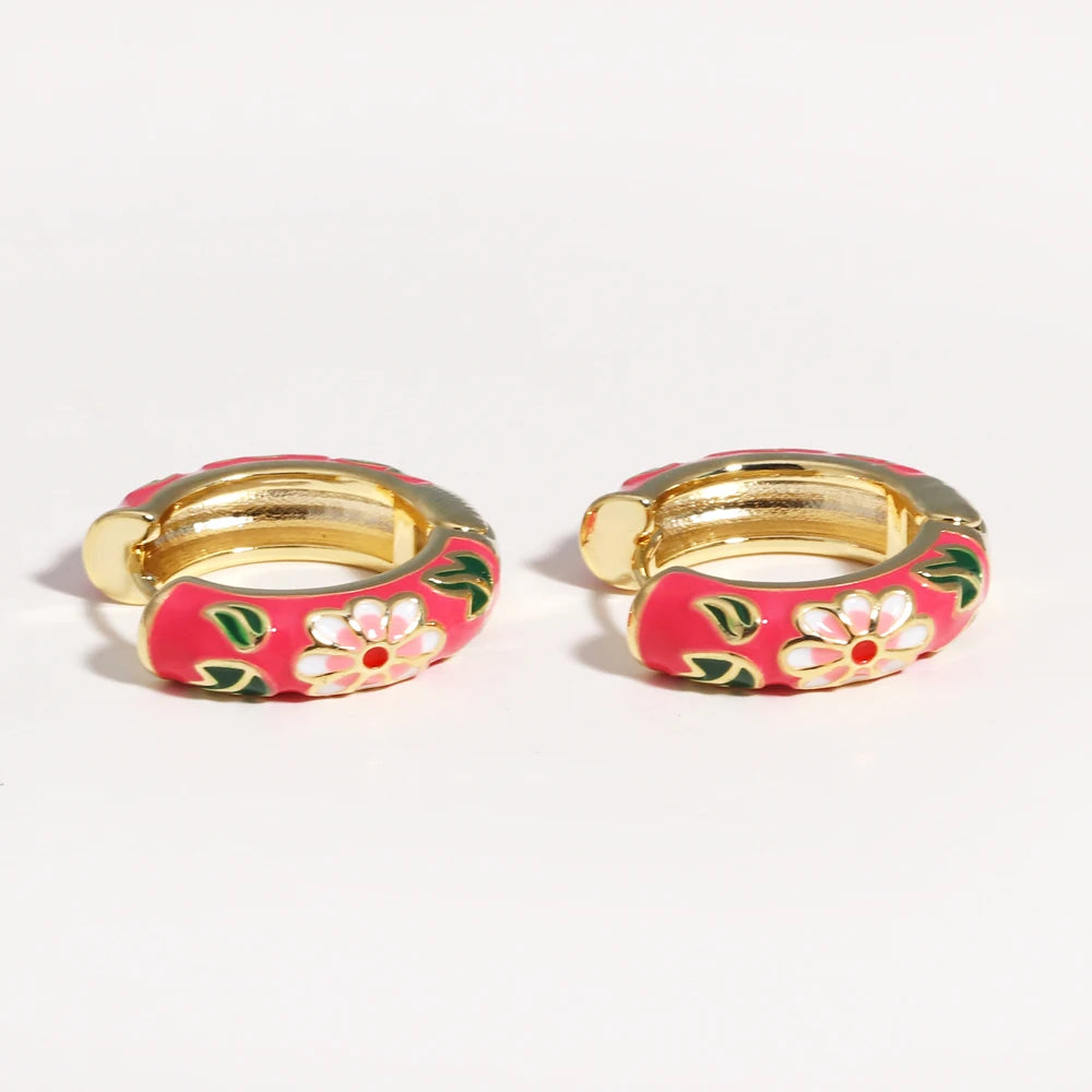 Boho Multicolor Enamel Flower Hoop Earrings for Women Vintage Drop Oil Gold Color Circle Round Earrings Statement Jewelry Gifts