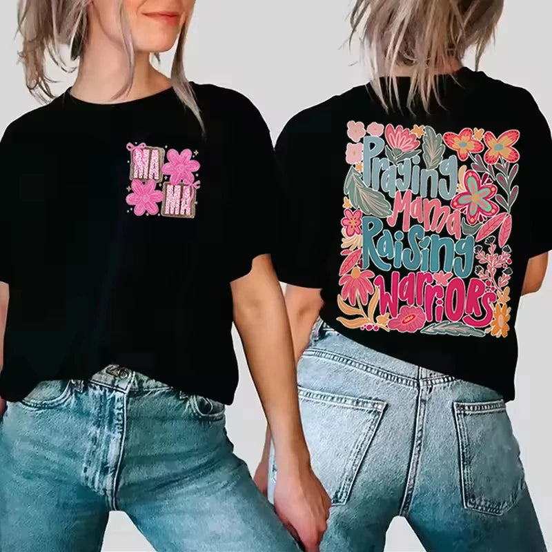 Trendy Women Clothing Mama Boho Floral Graphic T Shirts Praying Mamas Raising Warriors Graphic Tee Retro Vintage Mama T-shirt