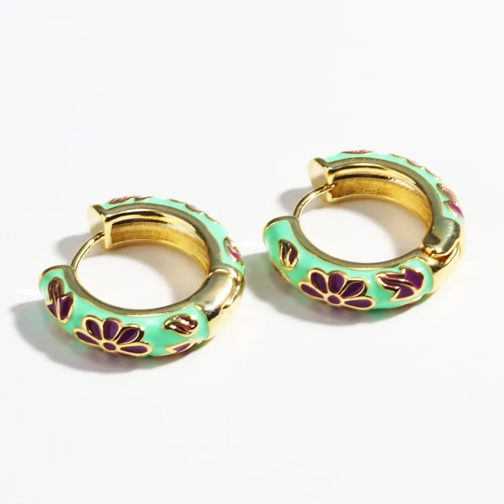 Boho Multicolor Enamel Flower Hoop Earrings for Women Vintage Drop Oil Gold Color Circle Round Earrings Statement Jewelry Gifts