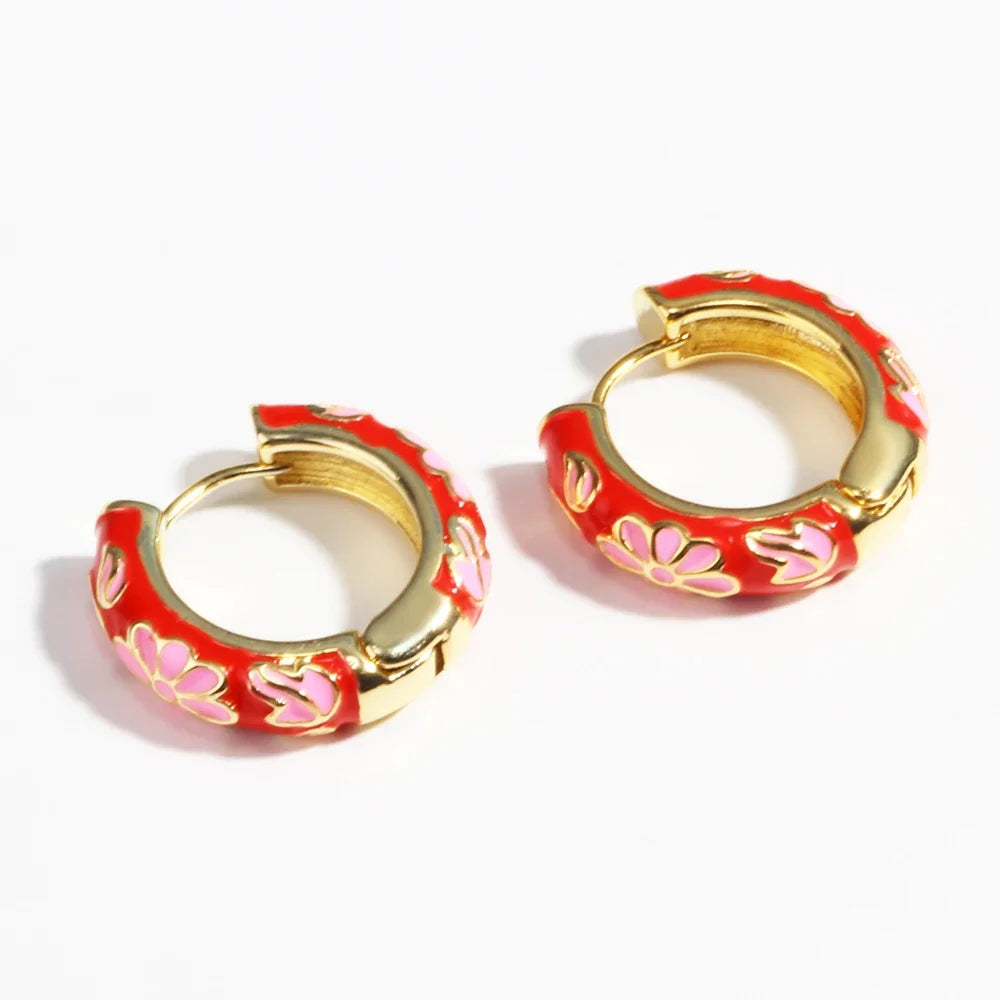 Boho Multicolor Enamel Flower Hoop Earrings for Women Vintage Drop Oil Gold Color Circle Round Earrings Statement Jewelry Gifts