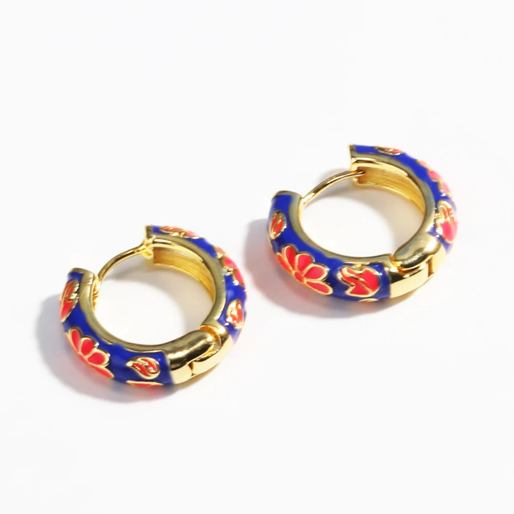 Boho Multicolor Enamel Flower Hoop Earrings for Women Vintage Drop Oil Gold Color Circle Round Earrings Statement Jewelry Gifts
