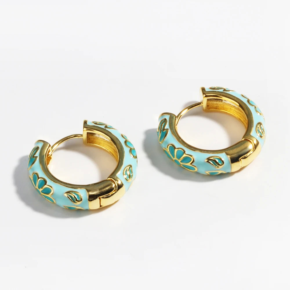 Boho Multicolor Enamel Flower Hoop Earrings for Women Vintage Drop Oil Gold Color Circle Round Earrings Statement Jewelry Gifts