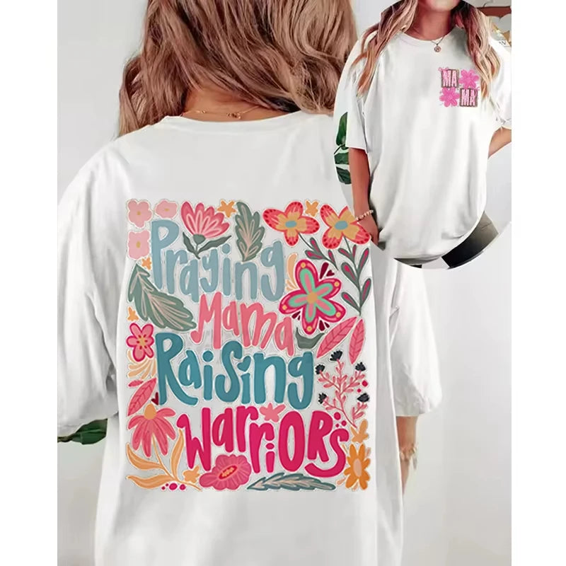 Trendy Women Clothing Mama Boho Floral Graphic T Shirts Praying Mamas Raising Warriors Graphic Tee Retro Vintage Mama T-shirt