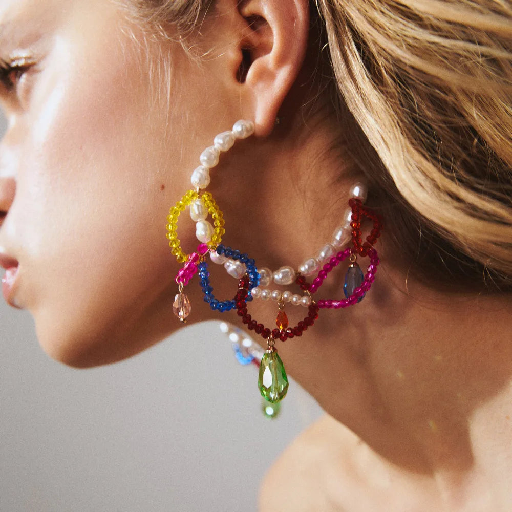 Boho Statement Stud Earrings Jewelry for Women Flower Cherry Beads Charm Piercing Woman Earring Accessories Bijouterie Bohemia