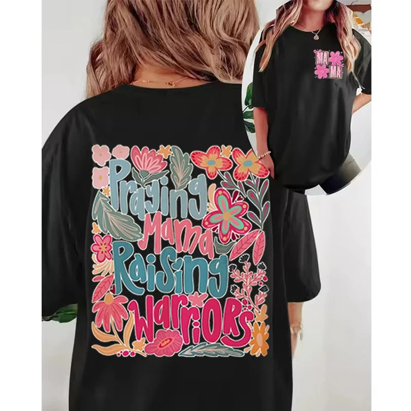 Trendy Women Clothing Mama Boho Floral Graphic T Shirts Praying Mamas Raising Warriors Graphic Tee Retro Vintage Mama T-shirt