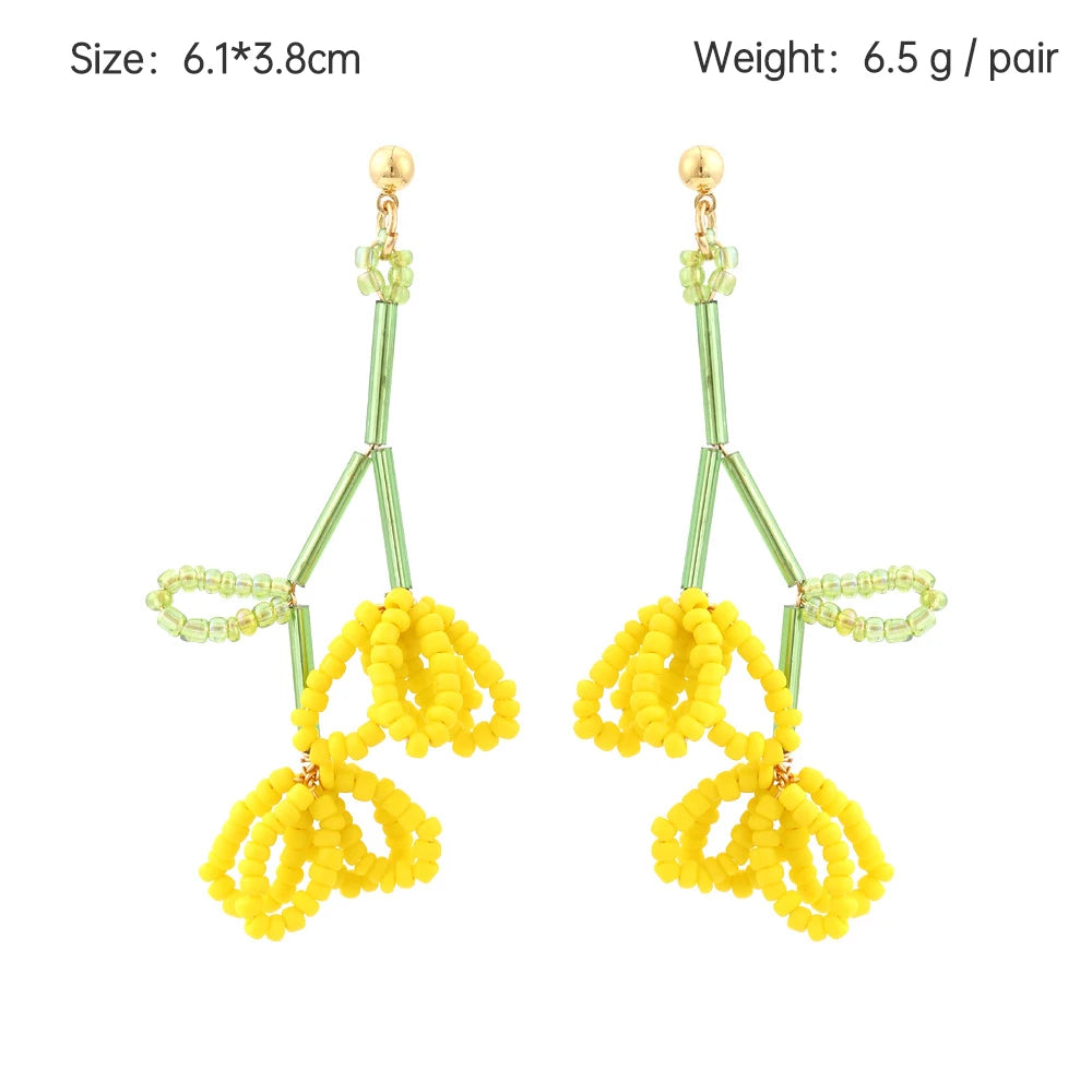 Boho Statement Stud Earrings Jewelry for Women Flower Cherry Beads Charm Piercing Woman Earring Accessories Bijouterie Bohemia