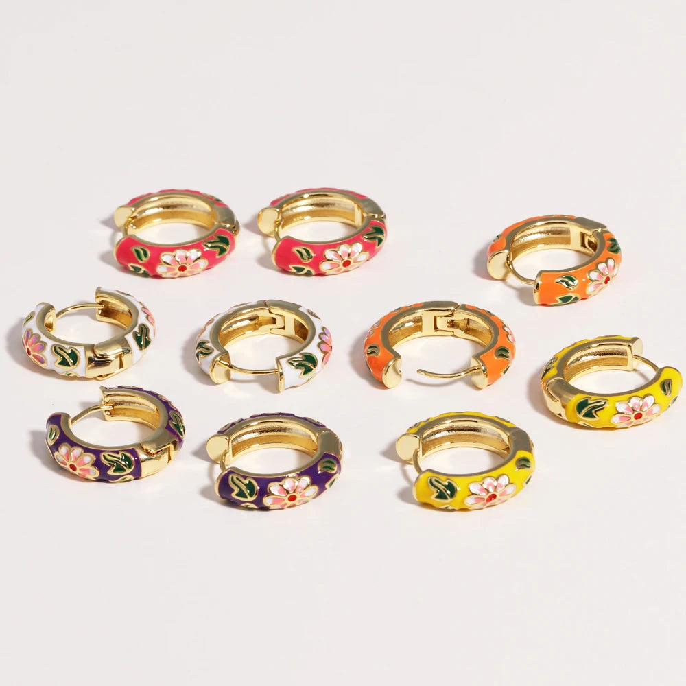 Boho Multicolor Enamel Flower Hoop Earrings for Women Vintage Drop Oil Gold Color Circle Round Earrings Statement Jewelry Gifts