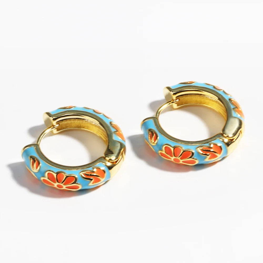Boho Multicolor Enamel Flower Hoop Earrings for Women Vintage Drop Oil Gold Color Circle Round Earrings Statement Jewelry Gifts