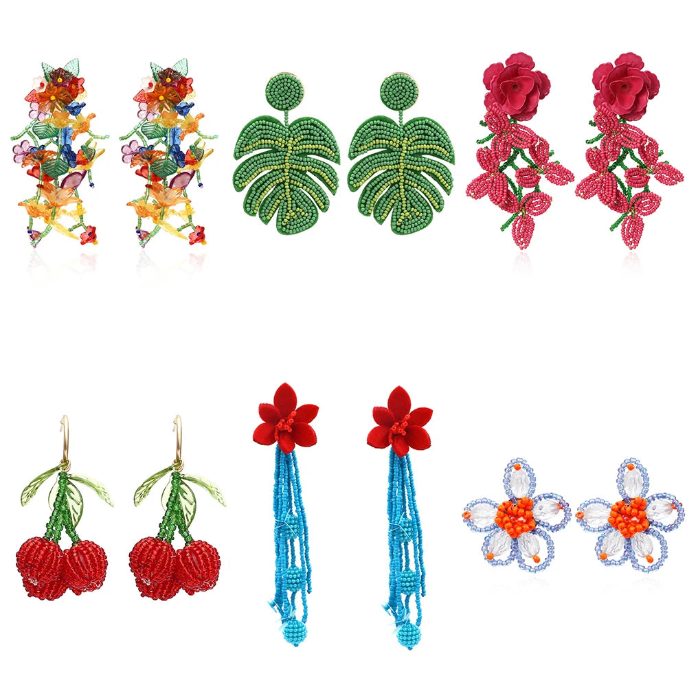 Boho Statement Stud Earrings Jewelry for Women Flower Cherry Beads Charm Piercing Woman Earring Accessories Bijouterie Bohemia