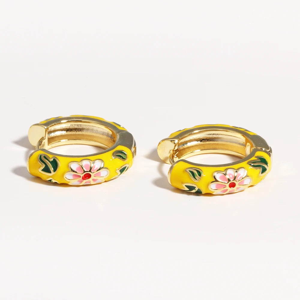 Boho Multicolor Enamel Flower Hoop Earrings for Women Vintage Drop Oil Gold Color Circle Round Earrings Statement Jewelry Gifts