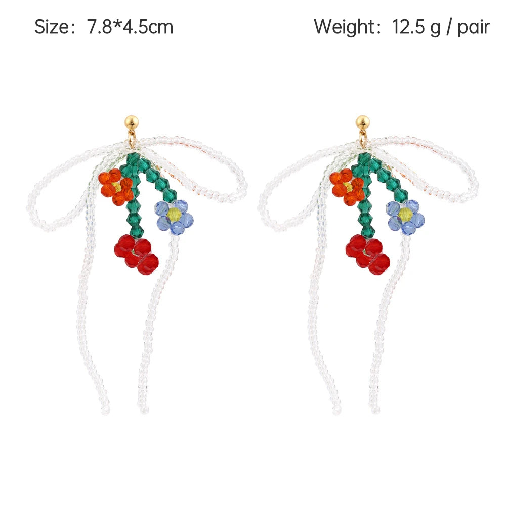 Boho Statement Stud Earrings Jewelry for Women Flower Cherry Beads Charm Piercing Woman Earring Accessories Bijouterie Bohemia