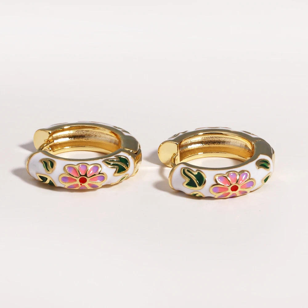 Boho Multicolor Enamel Flower Hoop Earrings for Women Vintage Drop Oil Gold Color Circle Round Earrings Statement Jewelry Gifts