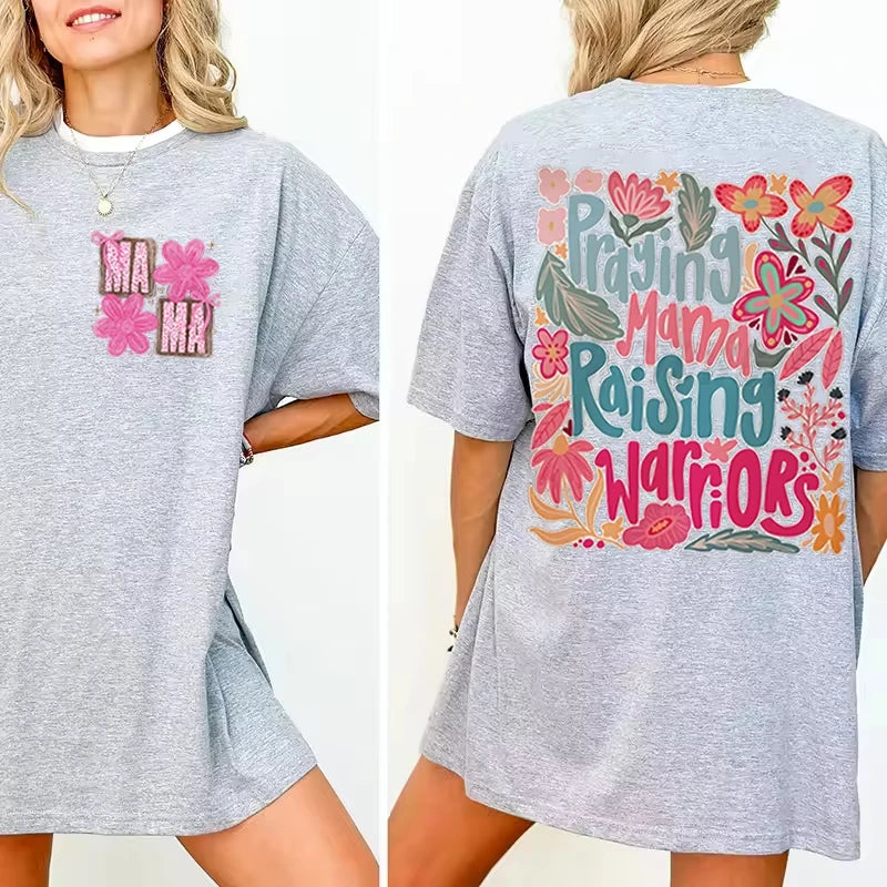 Trendy Women Clothing Mama Boho Floral Graphic T Shirts Praying Mamas Raising Warriors Graphic Tee Retro Vintage Mama T-shirt