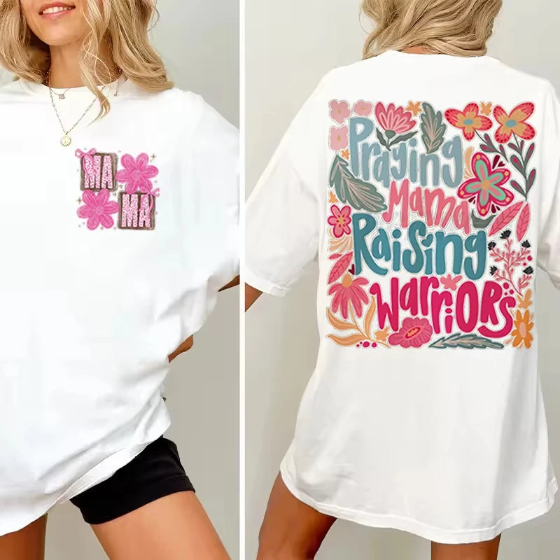 Trendy Women Clothing Mama Boho Floral Graphic T Shirts Praying Mamas Raising Warriors Graphic Tee Retro Vintage Mama T-shirt