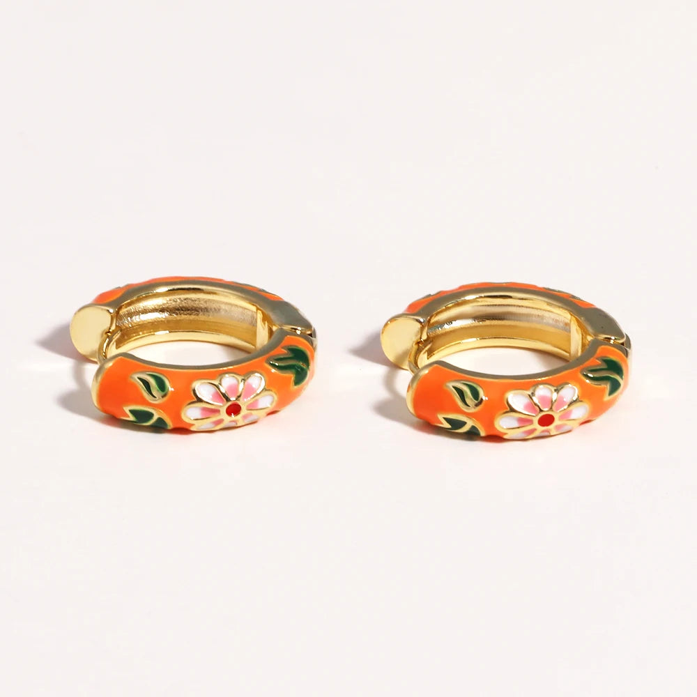 Boho Multicolor Enamel Flower Hoop Earrings for Women Vintage Drop Oil Gold Color Circle Round Earrings Statement Jewelry Gifts