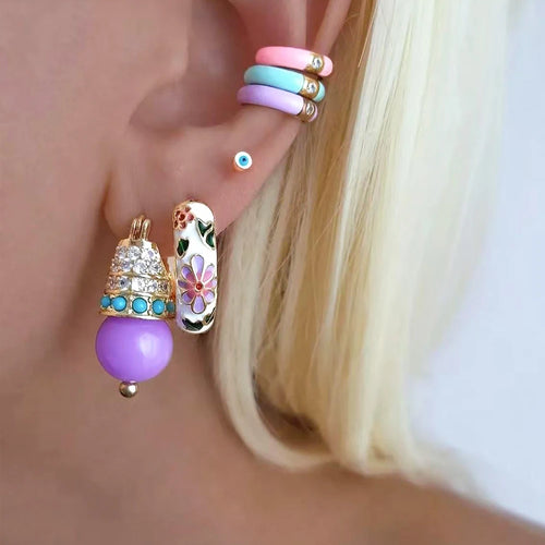 Boho Multicolor Enamel Flower Hoop Earrings for Women Vintage Drop Oil Gold Color Circle Round Earrings Statement Jewelry Gifts