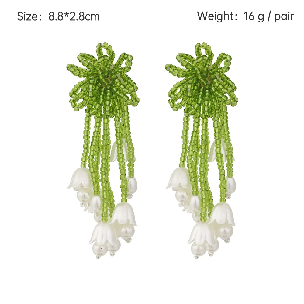 Boho Statement Stud Earrings Jewelry for Women Flower Cherry Beads Charm Piercing Woman Earring Accessories Bijouterie Bohemia