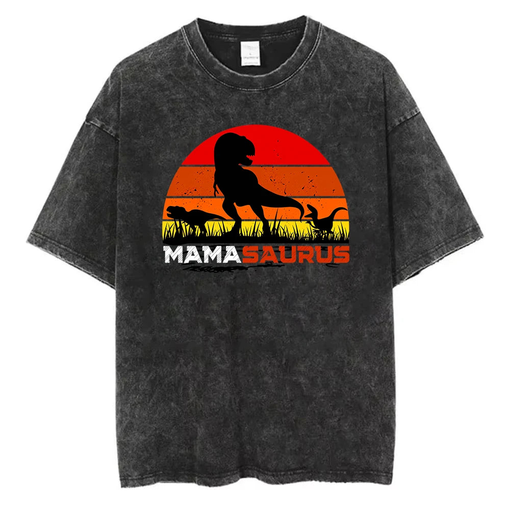 Vintage Washed Cotton T-Shirt Women Mamasaurus Graphic Tee Mother's Day Gift Acid Wash Retro Dinosaur Streetwear Top